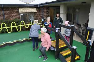 Residents of Old Colonists’ Association of Victoria’s Leith Park retirement village try out the new fitness equipment. Image supplied.