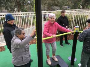 Residents of Old Colonists’ Association of Victoria’s Leith Park retirement village try out the new fitness equipment. Image supplied.