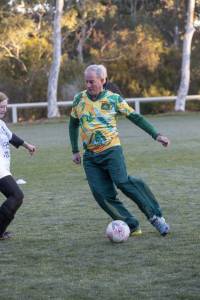The minister Richard Colbeck with the ball at the 'walking football' launch. Image supplied.