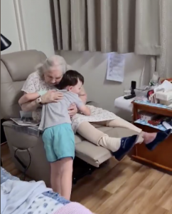 Great grandson and great grandmother reunited after 11 months.