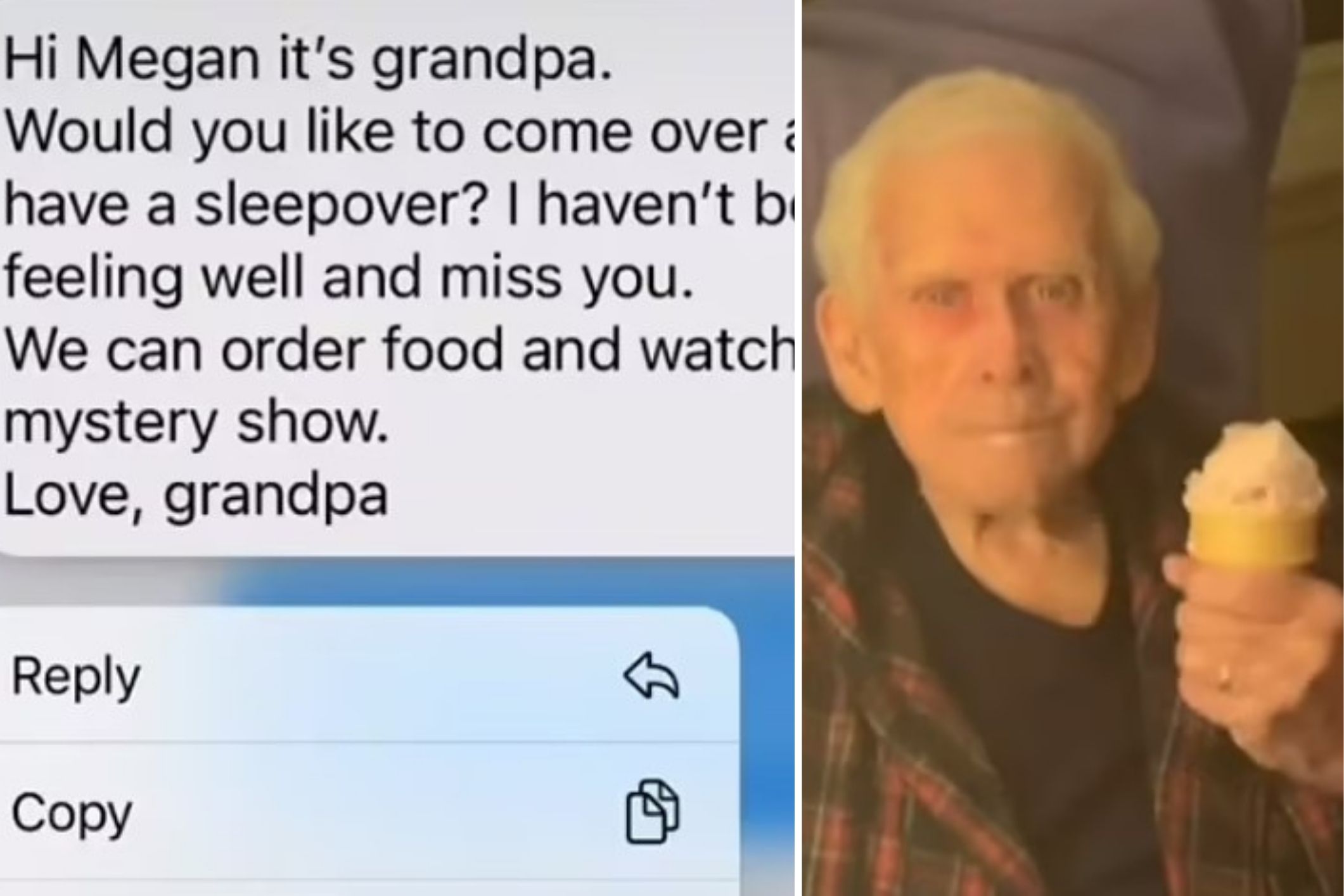 Lonely grandpa calls adult granddaughter for a sleepover because he missed her