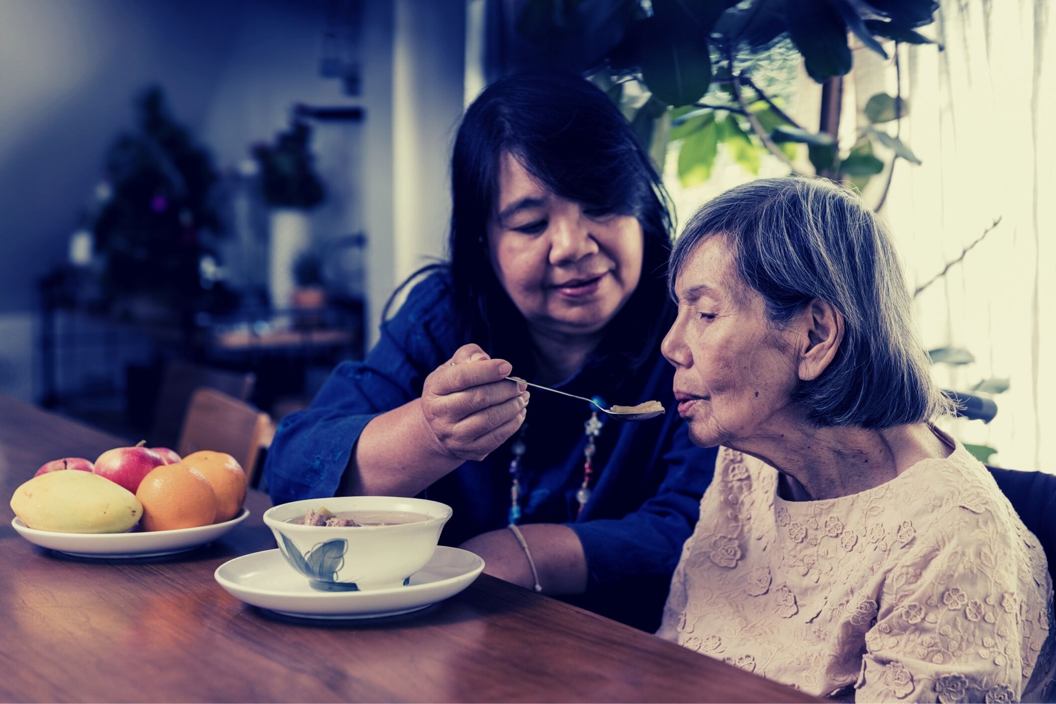 Daughter feeding elderly mother
