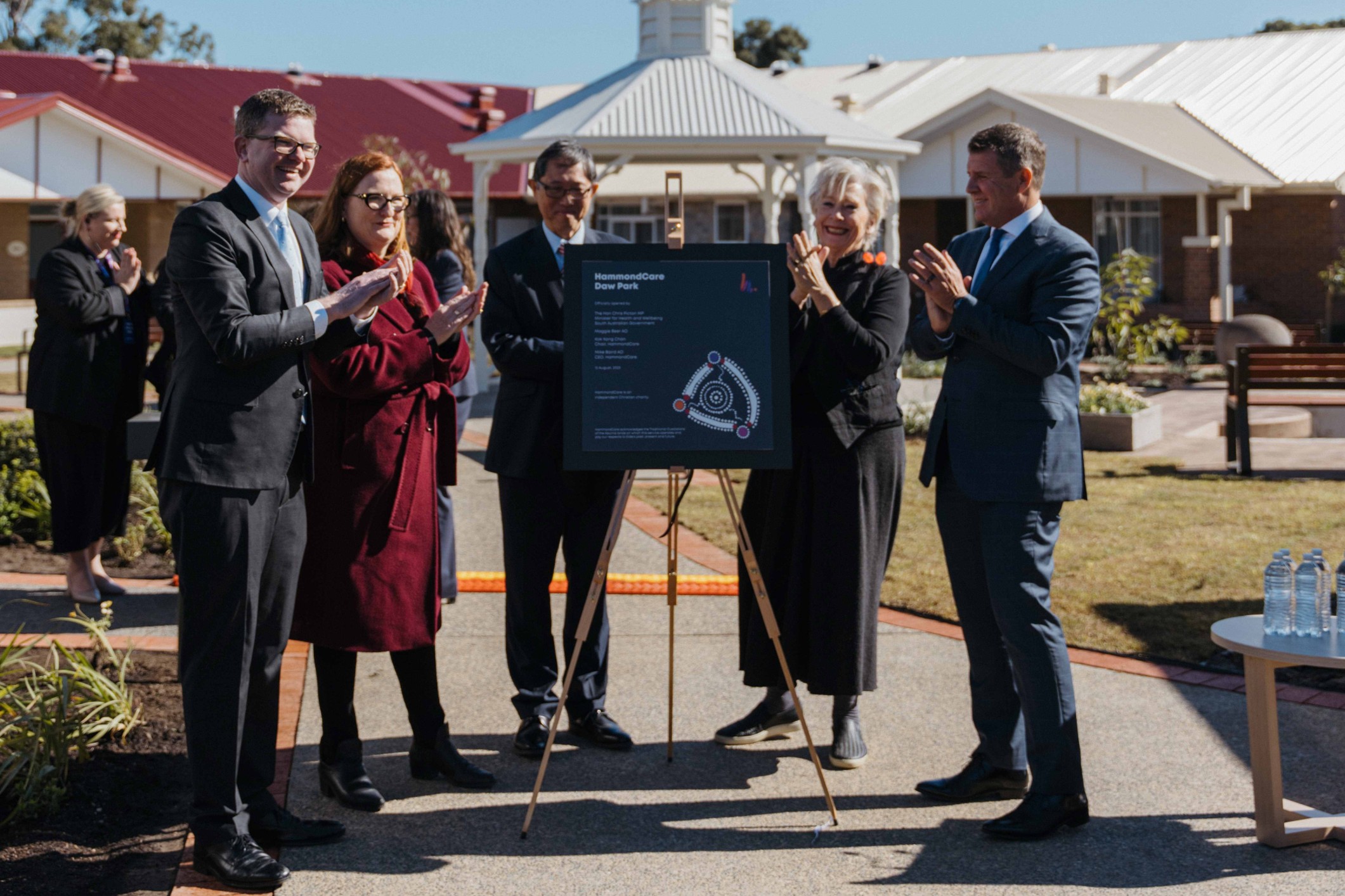 HammondCare Daw Park opening with (l-r) Minister Chris Picton, Louise Miller-Frost MP, HammondCare Chair Kok Kong Chan, Maggie Beer and HammondCare CEO Mike Baird