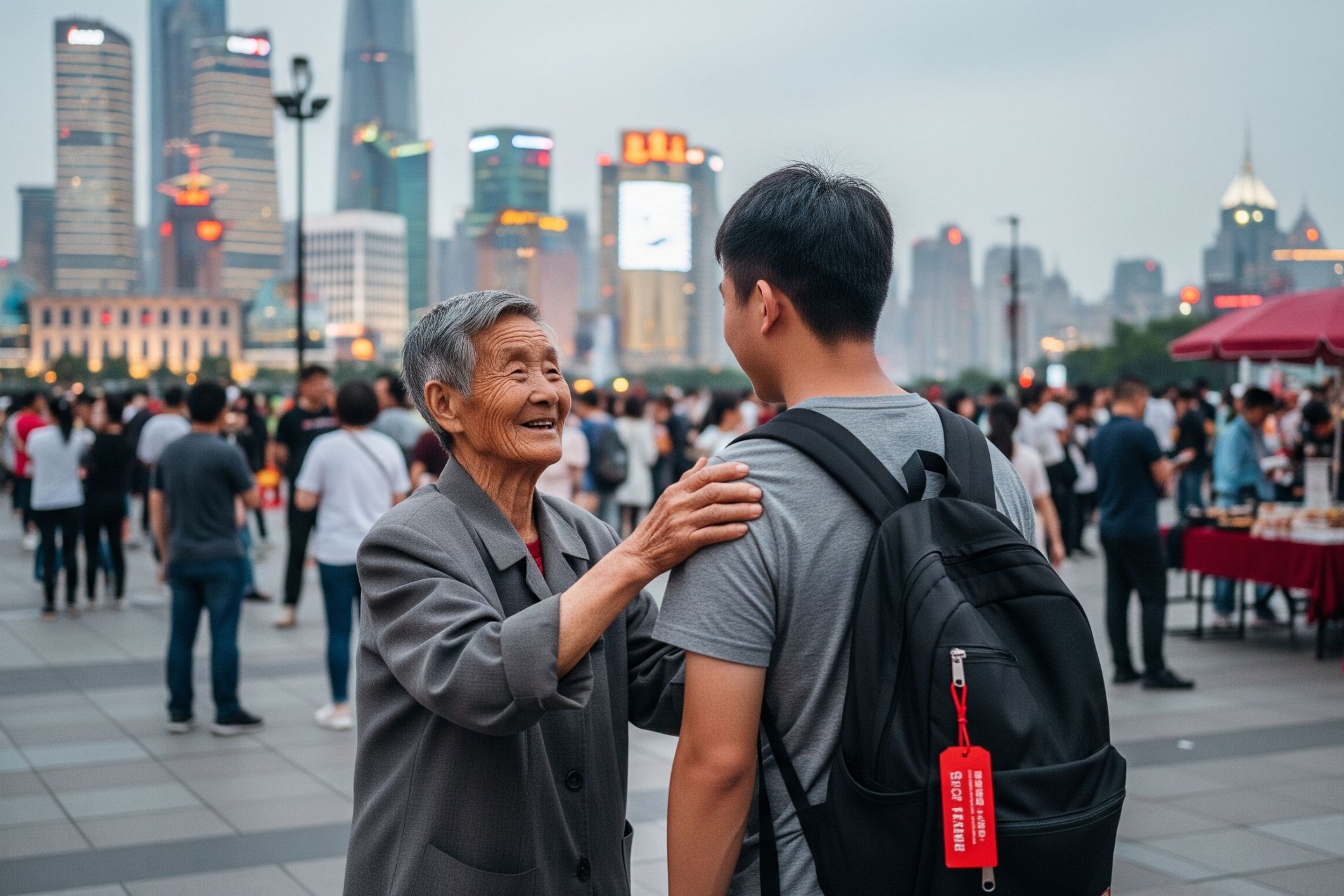 Volunteers in China wear tags to signal to the elderly that they can help them navigate the city